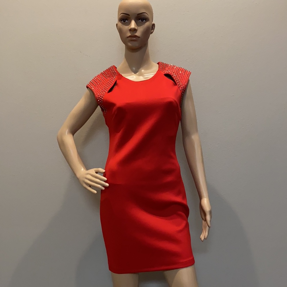 Red sleeveless studded shoulder cut out dress